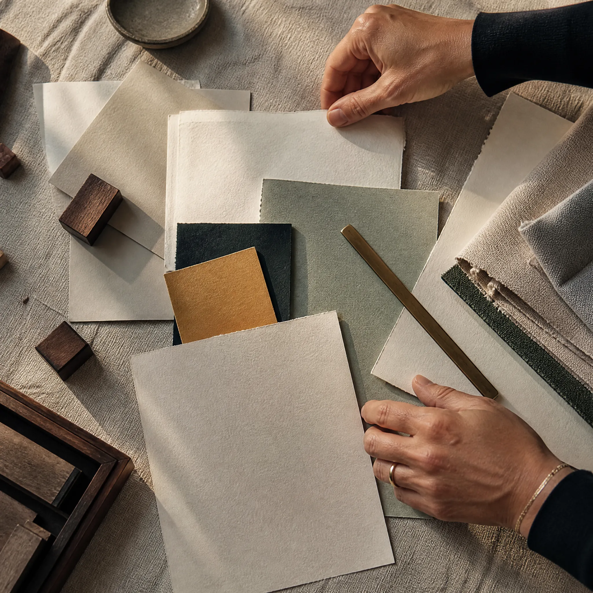 Hands arranging paper and cloth swatches in bone, sage, ink and ochre on a linen cloth.