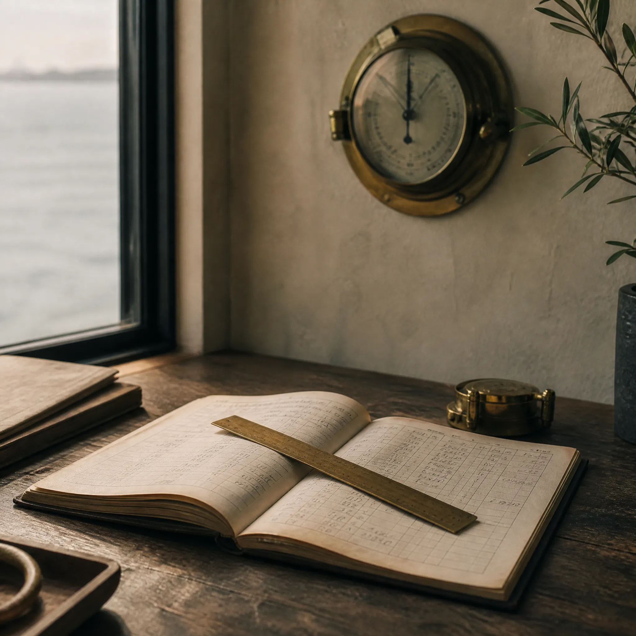 An open ledger with a brass ruler on a desk by a window, with a ship's barometer on the wall behind.