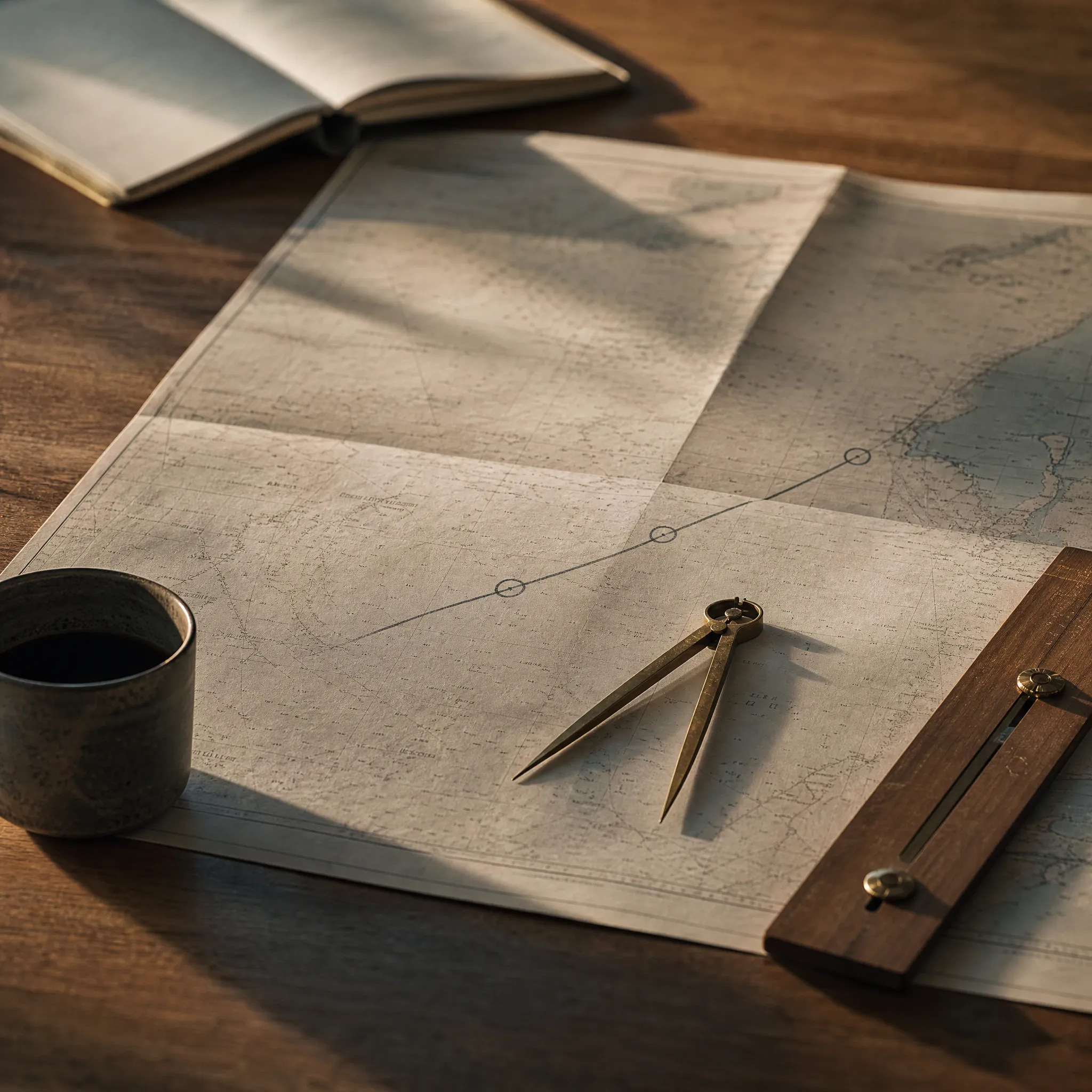 A nautical chart on a wooden table with a pencilled course and three waypoints, brass dividers and a parallel rule.