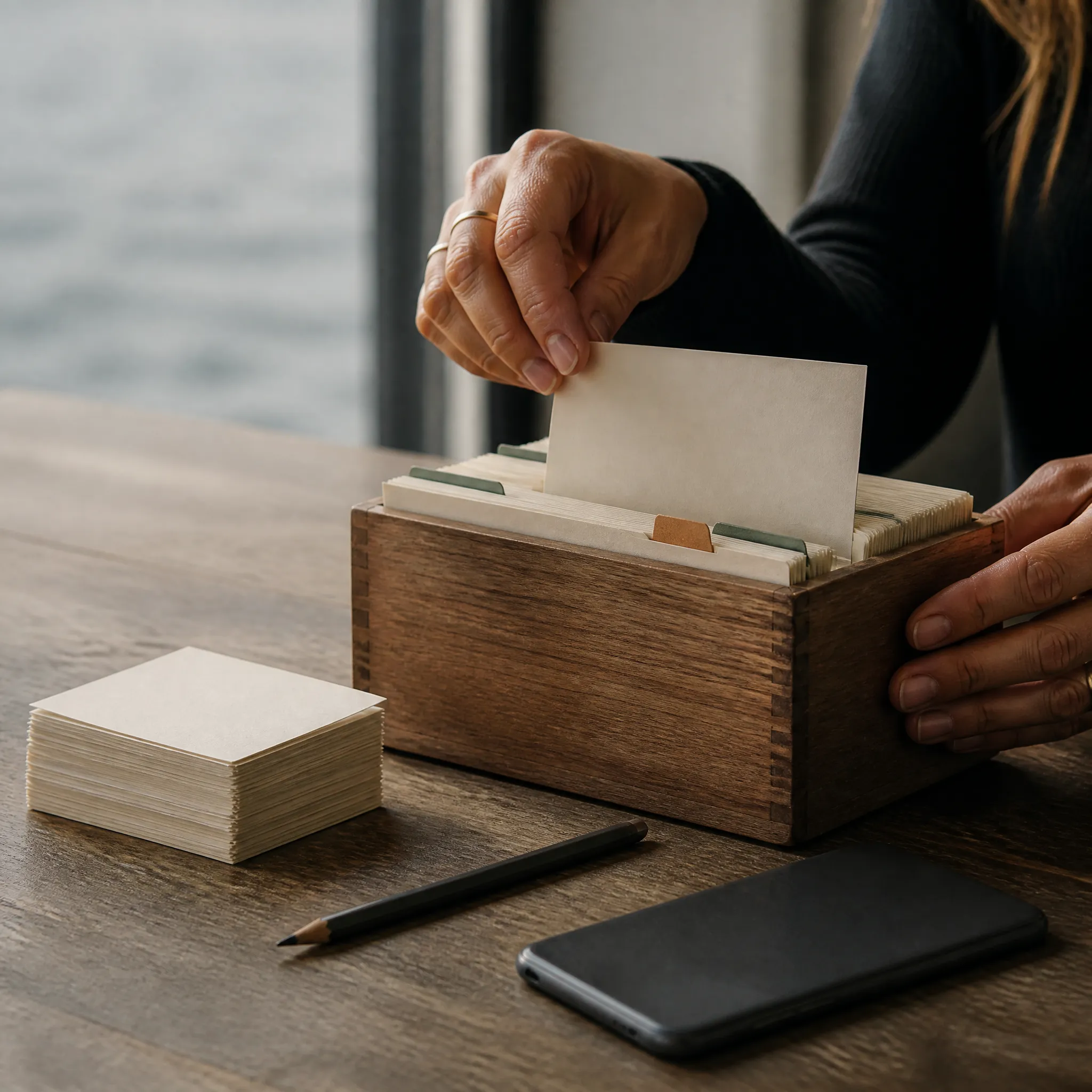 Hands lifting a card from an oak card-file box, beside a stack of blank cards, a pencil and a phone.