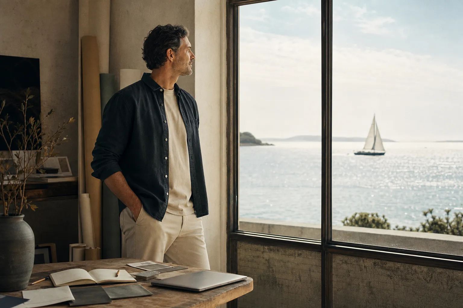 A man by a tall window, looking out at a sailboat on open water