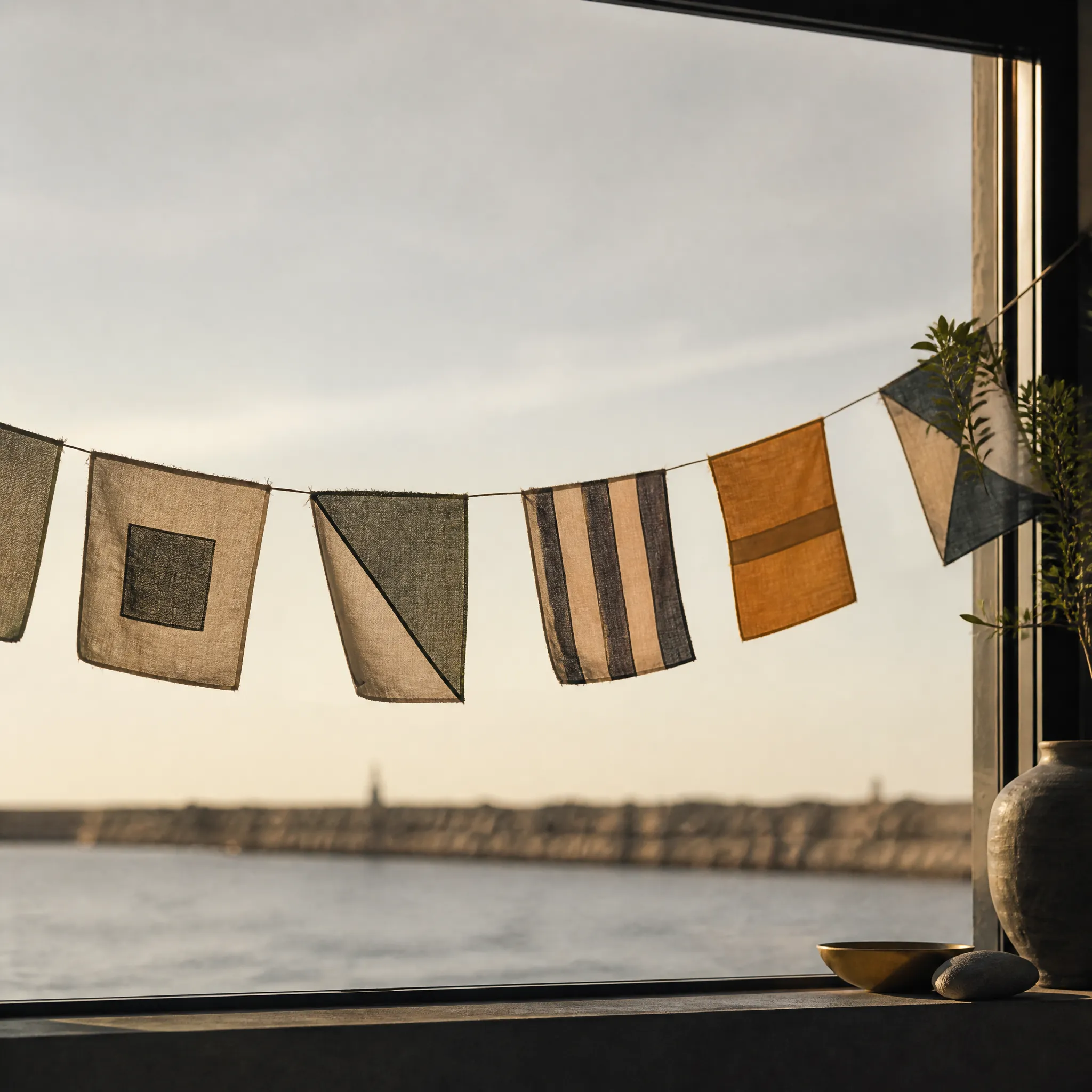 A line of faded signal flags strung across a harbour-side window at sunset.