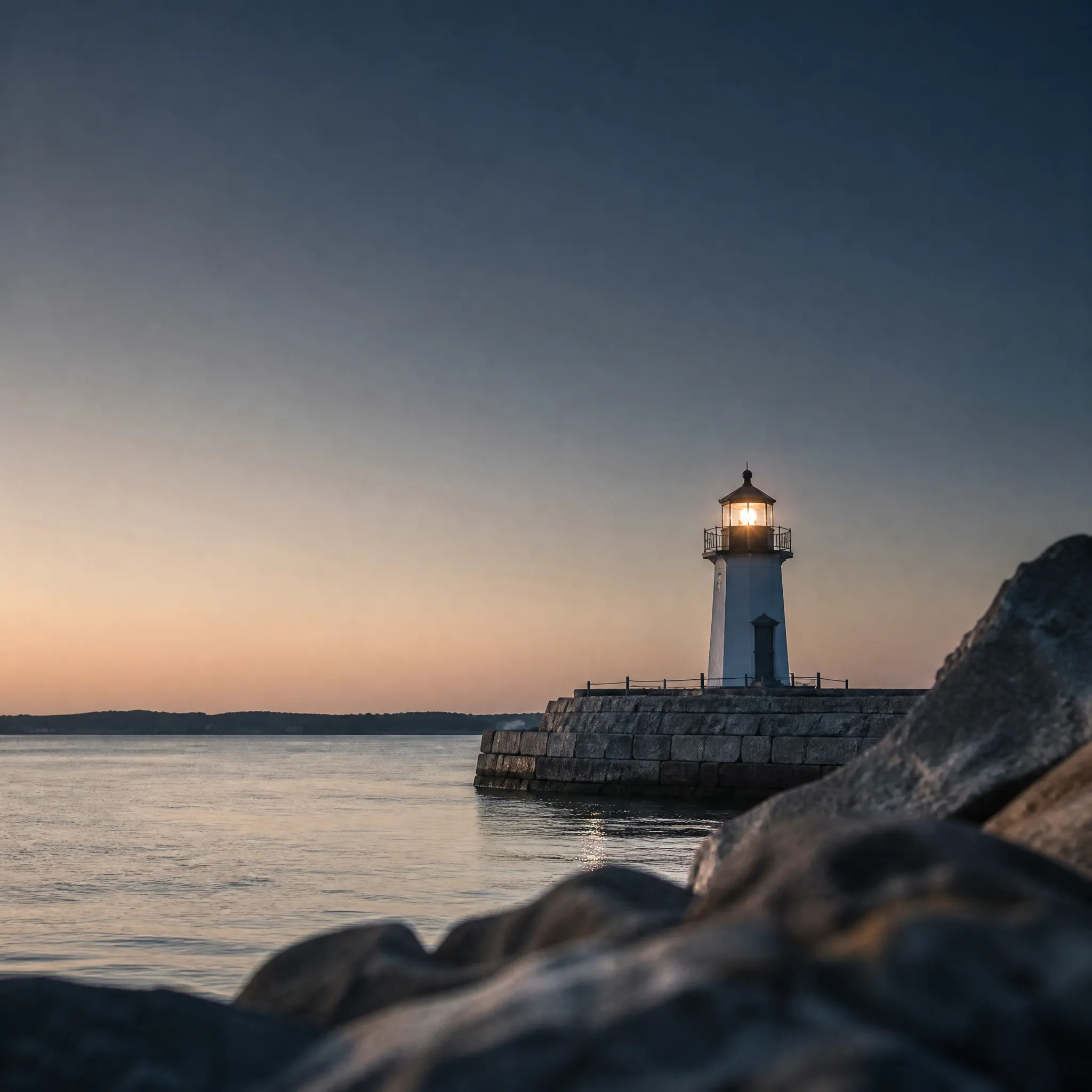 A small lighthouse lit at dusk at the end of a stone breakwater.