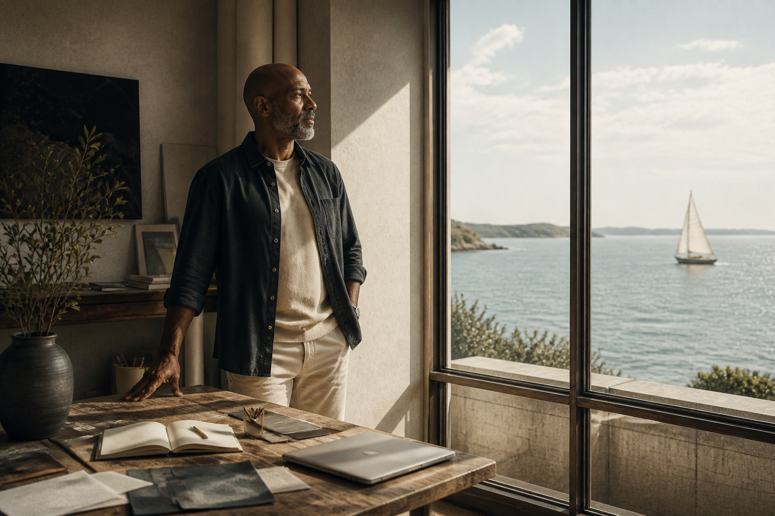 A founder looking out a studio window toward a sailboat on open water