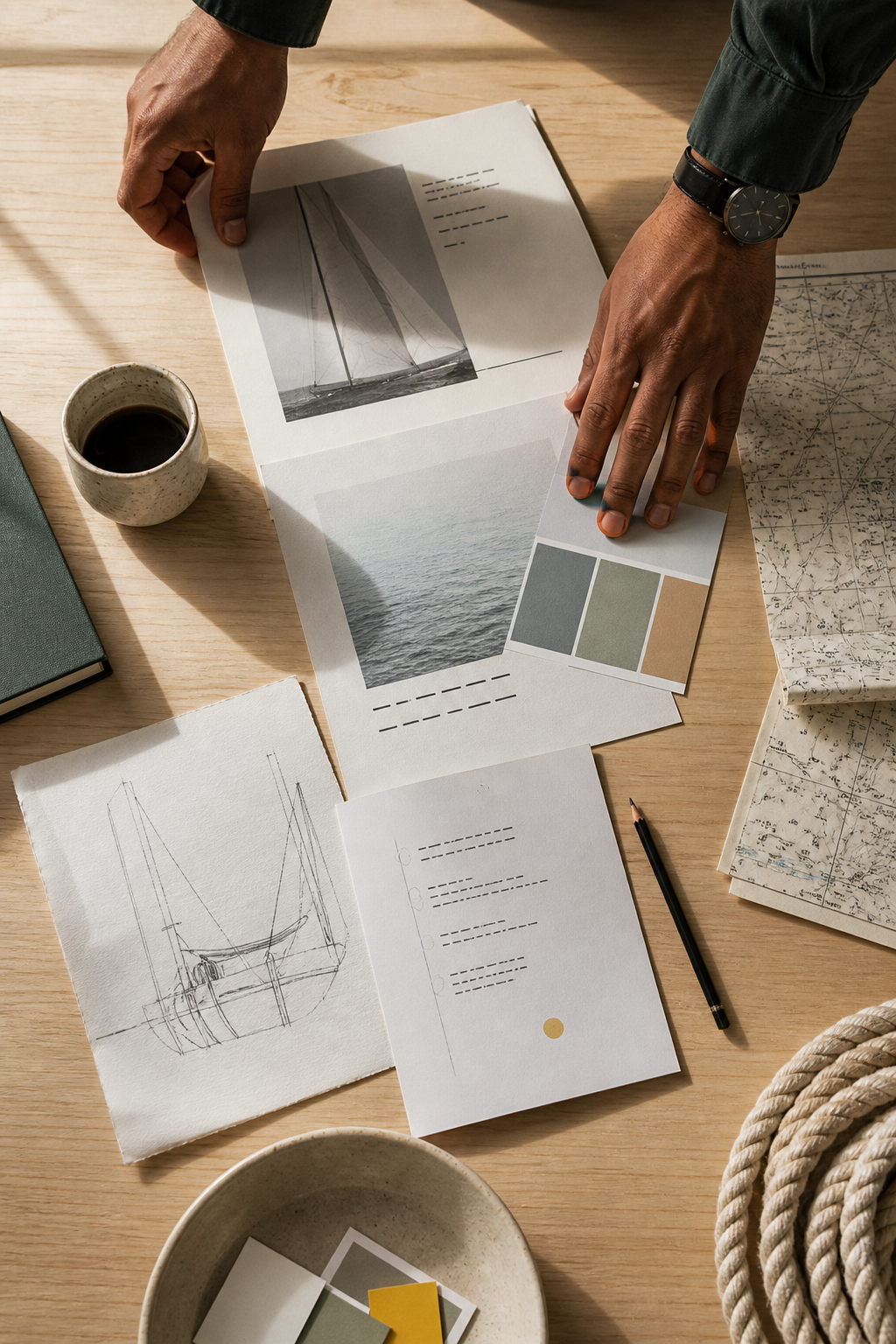 Hands planning a launch on a desk with maps, notes, and a coil of sailing rope